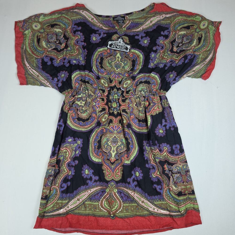 Angie Women's Boho Paisley Peasant Dress Size M Black Multicolor Short Sleeve
